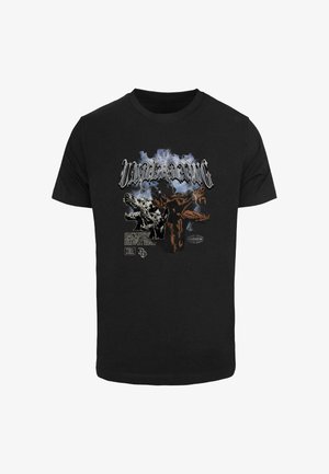 Černé bavlněné tričko s grafickým zpracováním dvou psů a stylizovaným textem. Design používá bílé, šedé a oranžové barvy.