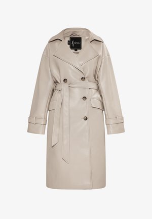 Jasno beżowy skórzany płaszcz trench z podwójnym zapięciem, szerokimi klapami, paskiem i detalami przy mankietach. Gładka tekstura z wyrafinowanym fasonem.