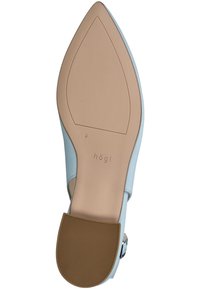 Zapato de tacón alto azul claro con punta afilada, que presenta un upper de cuero suave y una suela de goma con un diseño texturizado. Logo grabado en el interior.