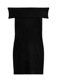 Abito nero scollato sulle spalle realizzato in tessuto a coste. Design aderente con taglio dritto, caratterizzato da una texture liscia e dettagli minimi.