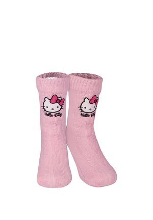 Pink knit socks with cable pattern featuring Hello Kitty faces and pink bows, cuffed tops, displayed side by side.
