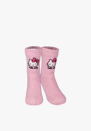 Pink knit socks with cable pattern featuring Hello Kitty faces and pink bows, cuffed tops, displayed side by side.