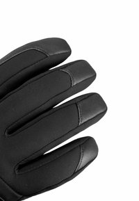 Zwarte handschoenen met een combinatie van gestructureerde stof en glad leer, met duidelijke vingersegmenten en versterkte vingertoppen voor duurzaamheid.