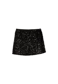 Juodas blizgučiais puoštas sijonas su prigludusia juosmens juosta, išplėsta forma ir tekstūrine paviršiaus danga, su viso paviršiaus blizgių blizgučių akcentu.