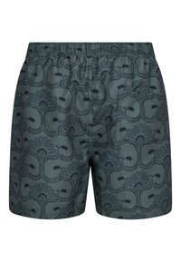 Pánské plavkové šortky z tmavozelené látky s podrobným květinovým vzorem. Mají elastický pás a zadní kapsu.