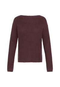 Mørkerød strikkegenser med lange ermer, rund halslinning og et strukturert mønster. Kantlinjen er rett, og stoffet virker mykt og pustende.