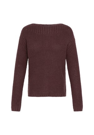 Bordeauxfarbener Strickpullover mit langen Ärmeln, rundem Halsausschnitt und strukturiertem Muster. Der Saum ist gerade, und der Stoff wirkt weich und atmungsaktiv.