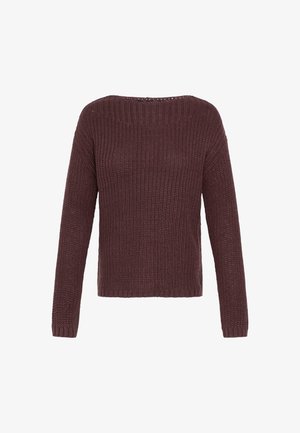 Pulover tricotat într-o nuanță de bordo, cu mâneci lungi, guler rotund și un model texturat. Linia de jos este dreaptă, iar țesătura pare moale și respirabilă.