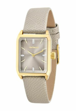 Prostokątny zegarek na rękę w złotym kolorze z szarym, teksturowanym paskiem ze skóry oraz minimalistyczną, szarą tarczą wskazującą godzinę 10:10, z marką "cacharel".