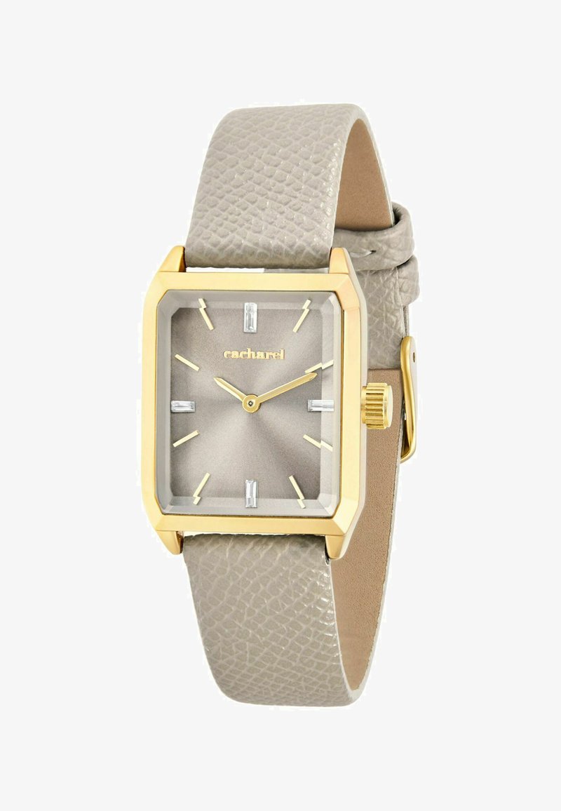Rechthoekig horloge in goudkleur met een grijze, gestructureerde leren band en een minimalistische grijze wijzerplaat die 10:10 aangeeft, met het merk "cacharel".