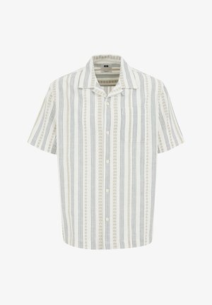 Camicia a maniche corte con colletto in tessuto leggero, con righe verticali beige e blu navy. Presenta una tasca sul petto e chiusura con bottoni.