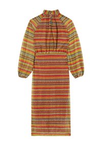 Monivärinen mekko, jossa on korkea kaulus, pitkät puffihihat ja joustava vyötärö, esittelee oranssivihreitä raidoituksia.