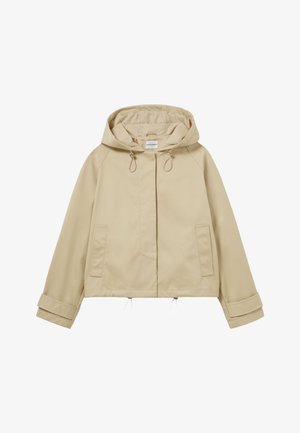 Chaqueta beige con capucha de diseño recortado, cintura con cordón, dos bolsillos frontales y puños enrollados. Fabricada con un material suave.