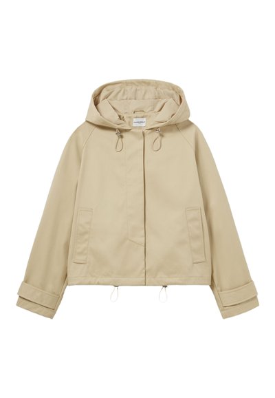 Veste à capuche beige au design court, avec taille réglable, deux poches avant et manches retroussées. Fabriquée à partir d'un matériau lisse.