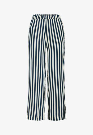 Blaue und weiße gestreifte weit geschnittene Hose mit elastischem Bund. Weicher Stoff, gerader Schnitt, mit vertikalen Streifen und ohne sichtbare Beschläge.