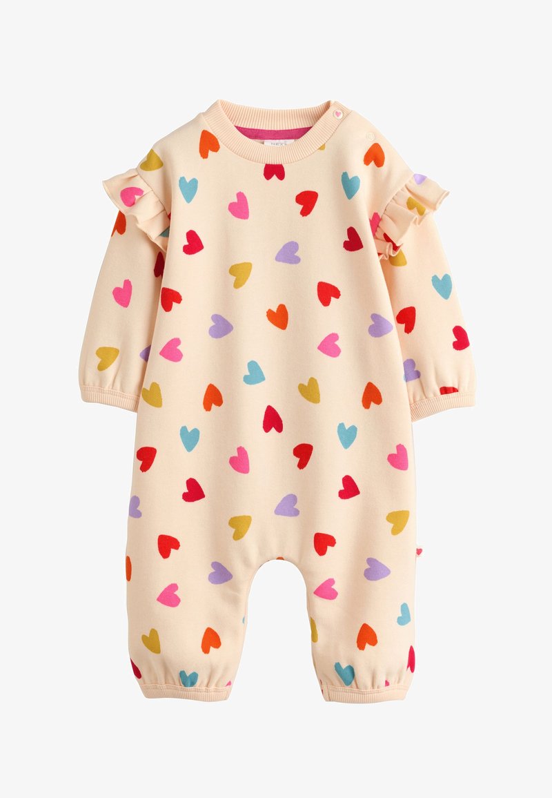 Peto de bebé color crema con mangas largas y estampados de corazones multicolores, con detalles de volantes en los hombros y botones a presión en el escote.