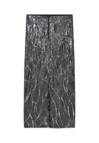 Jupe crayon noire ornée de sequins argentés scintillants en motif ondulé, avec une taille lisse et une fente au dos.