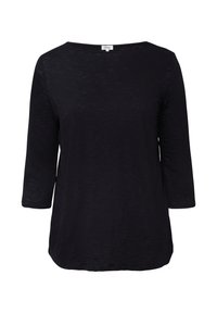 Zwarte longsleeve T-shirt met een bootnek, gemaakt van een zachte, licht gestructureerde stof, met een relaxte pasvorm en afgeronde onderkant.