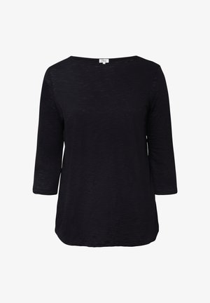Schwarzes langärmliges T-Shirt mit Bootsausschnitt, aus einem weichen, leicht strukturierten Stoff, mit einem lockeren Schnitt und abgerundetem Saum.