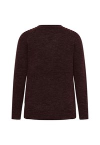Pull en maille marron foncé à manches longues, col rond et ourlet droit, vu de dos sur fond blanc.