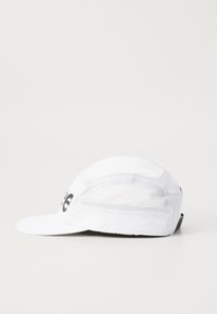 White cap with a curved peak, lightweight fabric, mesh side panels, and a printed black logo on the front. Features a contrasting back panel.