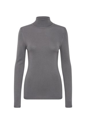 Pull en col roulé gris en tissu maille côtelée. Caractéristiques : manches longues, design ajusté et col haut. Texture lisse.