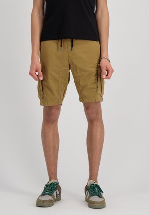 Shorts cargo beiges avec plusieurs poches latérales, taille avec cordon de serrage réglable et tissu léger. Portés avec des baskets vertes et grises.