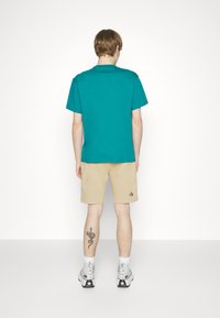 Camicetta turchese a maniche corte, in cotone, con colletto a girocollo, abbinata a pantaloni beigi e sneakers grigi con accenti neri.