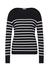 Maglione nero a maniche lunghe con righe bianche orizzontali, caratterizzato da un collo rotondo e una silhouette aderente. Texture in maglia morbida.