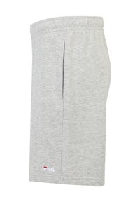 Lichtgrijze knielange shorts met elastische tailleband, zijzak en klein wit en rood FILA-logo nabij de zoom.
