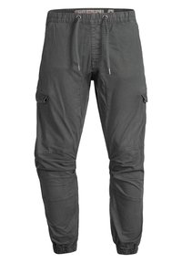 Dunkelgraue Cargo-Hosen mit elastischem Bund und Kordelzug. Sie verfügen über mehrere Taschen und Bündchen an den Knöcheln und sind aus leichtem Stoff gefertigt.