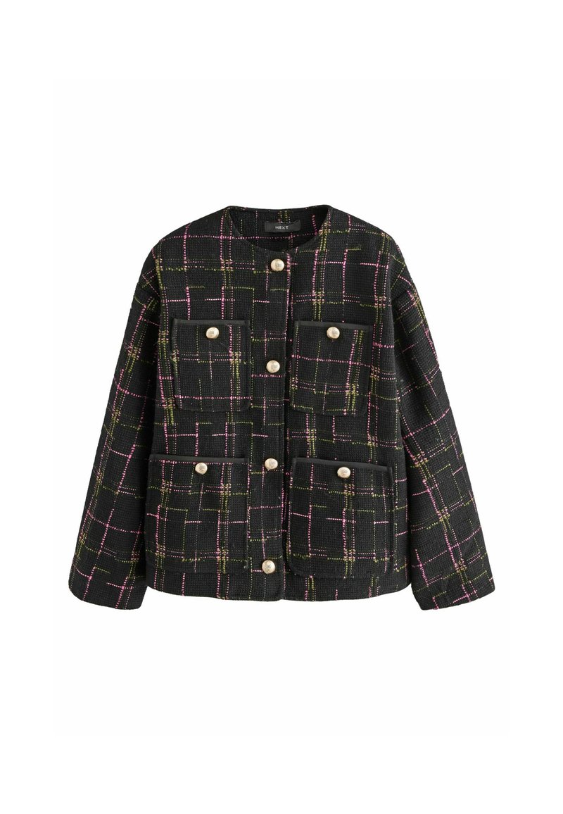 Giacca nera in tweed con motivi a quadri rosa e verde, scollo tondo, chiusura frontale a bottoni e quattro tasche con patta decorate da bottoni.