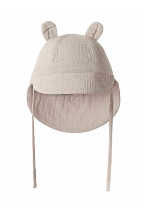 Beige soft fabric baby sun hat with ear flaps, chin ties, and small rounded bear ears on top.