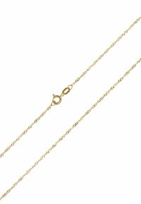 Guldfarvet kæderegnecklace med en snoet design, udstyret med en muskelforbindelse og delikate led. Glat overflade med en skinnende finish.