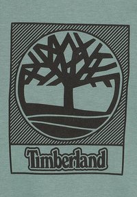 Graphique noir d'un arbre à l'intérieur d'une bordure circulaire sur un fond turquoise clair, avec le texte "Timberland" en dessous dans une police en gras.