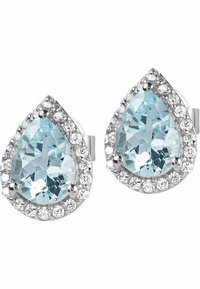 Orecchini a goccia in acquamarina circondati da piccole pietre trasparenti, impostati in una cornice di argento lucido, caratterizzati da una superficie lucente e un design classico.
