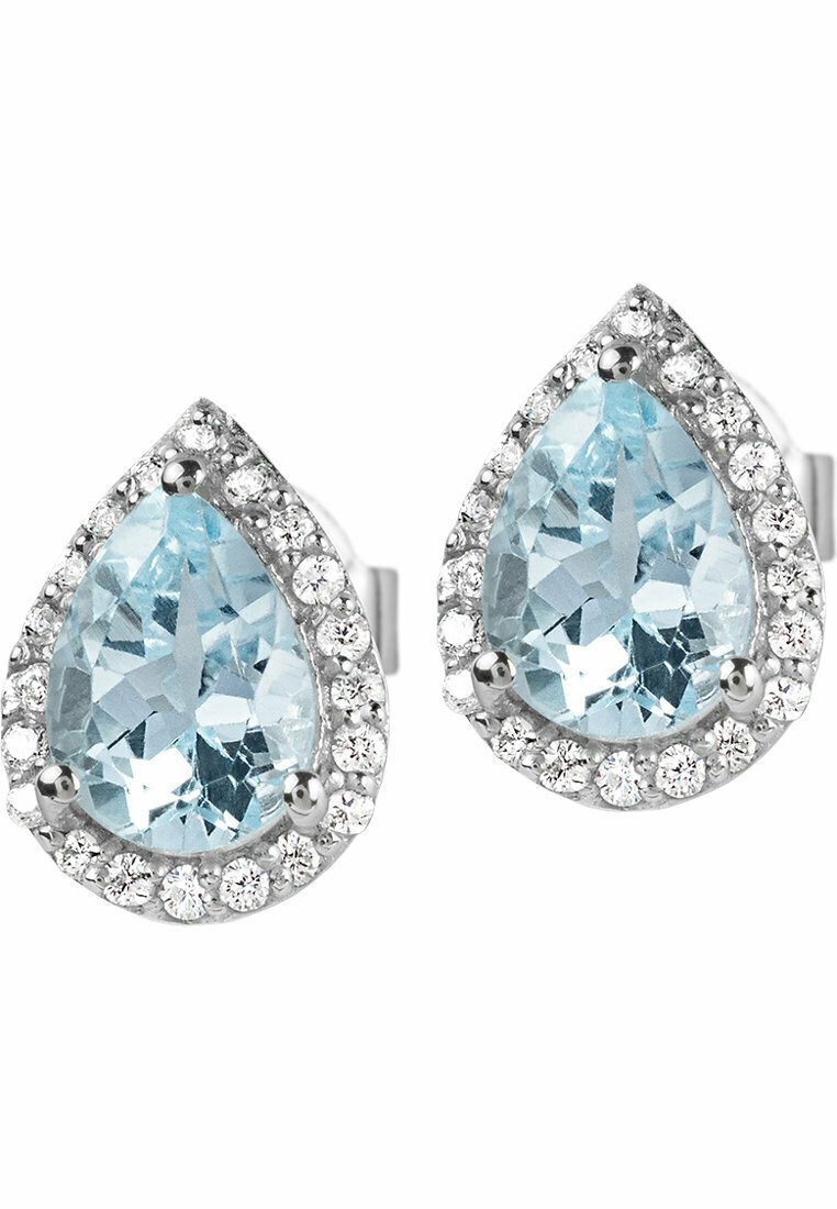 Orecchini a goccia in acquamarina circondati da piccole pietre trasparenti, impostati in una cornice di argento lucido, caratterizzati da una superficie lucente e un design classico.