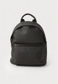 Black textured backpack with a rounded top, featuring a front zip pocket and embossed logo detailing across the surface.