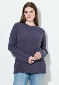 Lila gestrickter Pullover mit langen Ärmeln, rundem Ausschnitt und gerippten Bündchen. Kombiniert mit hellblauen Jeans vor einem einfarbigen Hintergrund.