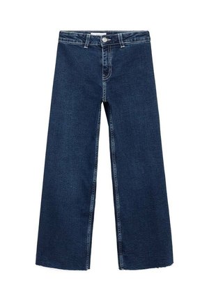 Weit geschnittene Jeans aus dunkelblauem Denim. Mit hoher Taille, Knopfleiste vorne und offenem Saum an den Bündchen. Klassisches Design mit fünf Taschen.