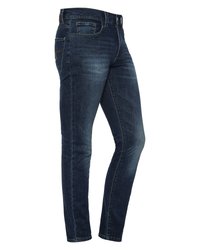 Jeans de mezclilla azul oscuro con un ajuste slim. Cuenta con cinco bolsillos, trabillas para cinturón y costuras de contraste. La textura es suave y con un ligero brillo.