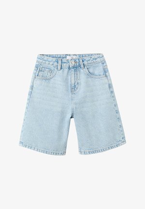 Svetlomodré rifľové šortky s pútkami na opasok, predným gombíkom a zipsom a dizajnom s piatimi vreckami, položené na bielom pozadí.