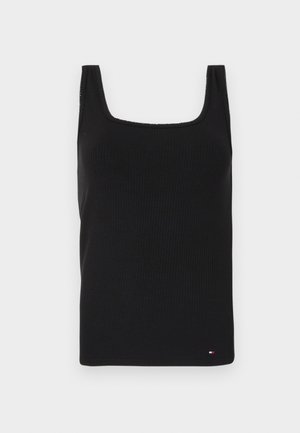 Must mustriba tank top neljase näoga, laiad õlavarrukad ja hem, millel on väike logo detail vasakus alanurgas.