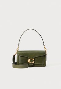 Green leather handbag with a structured shape. Features a gold hardware clasp, a detachable shoulder strap, and stitching accents.