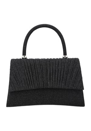 Geantă clutch neagră texturată cu design din țesătură plisată și o singură formă rotundă a mânerului cu accente argintii pe fundal alb.