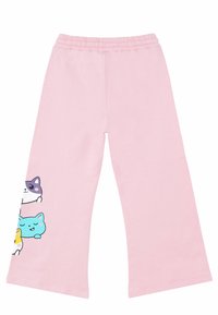Rosa Baumwoll-Hosen für Kinder mit weitem Bein, versehen mit einem Design von illustrierten, bunten Katzenfiguren auf dem linken Bein. Mit elastischem Taillenbund.