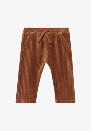 Bruine corduroy peuterbroek met elastische tailleband, trekkoord en schuin lopende zakken aan de voorkant.