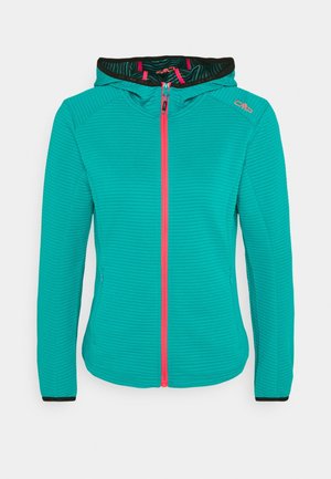 Veste à capuche teal avec un design texturé, dotée d'une fermeture éclair frontale rose, de poignets noirs et d'une doublure intérieure à motifs.