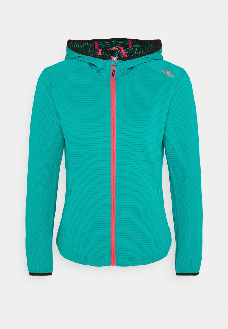 Veste à capuche teal avec un design texturé, dotée d'une fermeture éclair frontale rose, de poignets noirs et d'une doublure intérieure à motifs.