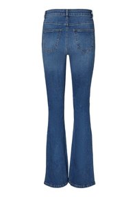 Jean évasé en denim bleu avec deux poches arrière, passants de ceinture et coutures visibles, vu de dos sur fond blanc.